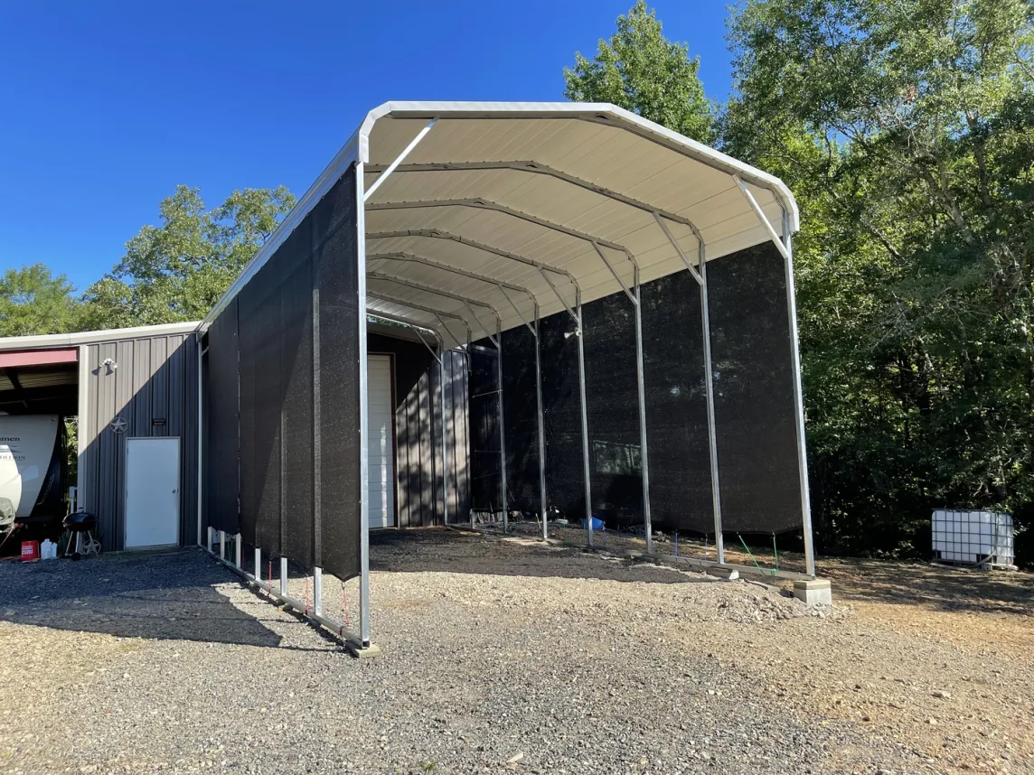 Knitted Shade Tarp on Side of Structures